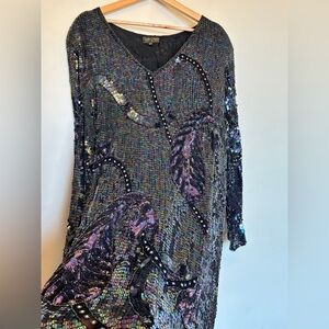 Rare Vtg Creative Creations 100% Silk Sheath Dress Sequin Paisley Cocktail Goth
